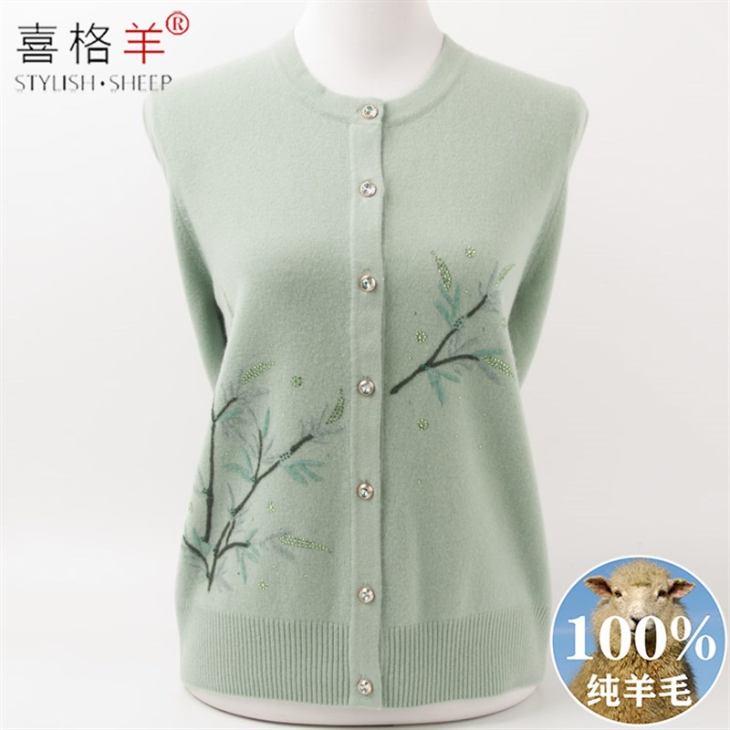 100%纯羊毛秋冬新款中老年人女针织衫宽松妈妈装毛衣奶奶开衫外套