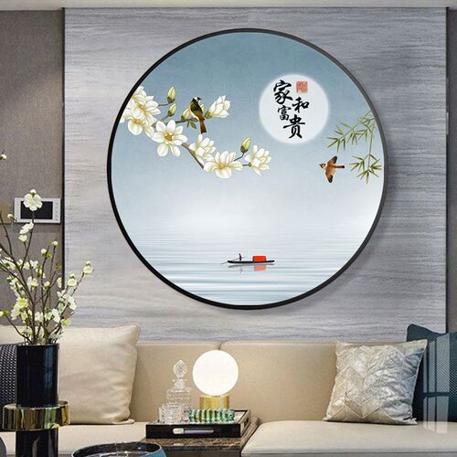 新中式圆形玄关装饰画喜上眉w梢客厅茶室花鸟挂画喜鹊卧室床头壁