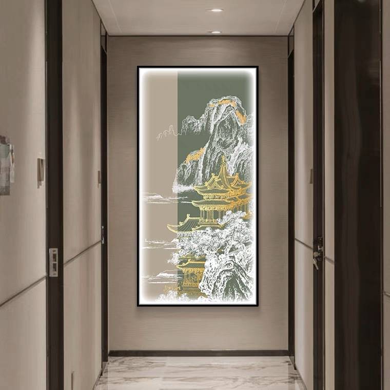 重阙飞宫新中式玄关轻奢装饰画竖款走廊过道挂画中国风建筑壁画灯图片