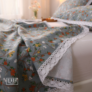 小碎花 花边床单枕套三件套加厚粗棉布L双人帆布被单田园少女
