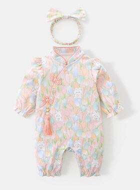 婴儿秋季连体衣2024女宝宝新中式哈F衣新生长袖连身衣春秋3233