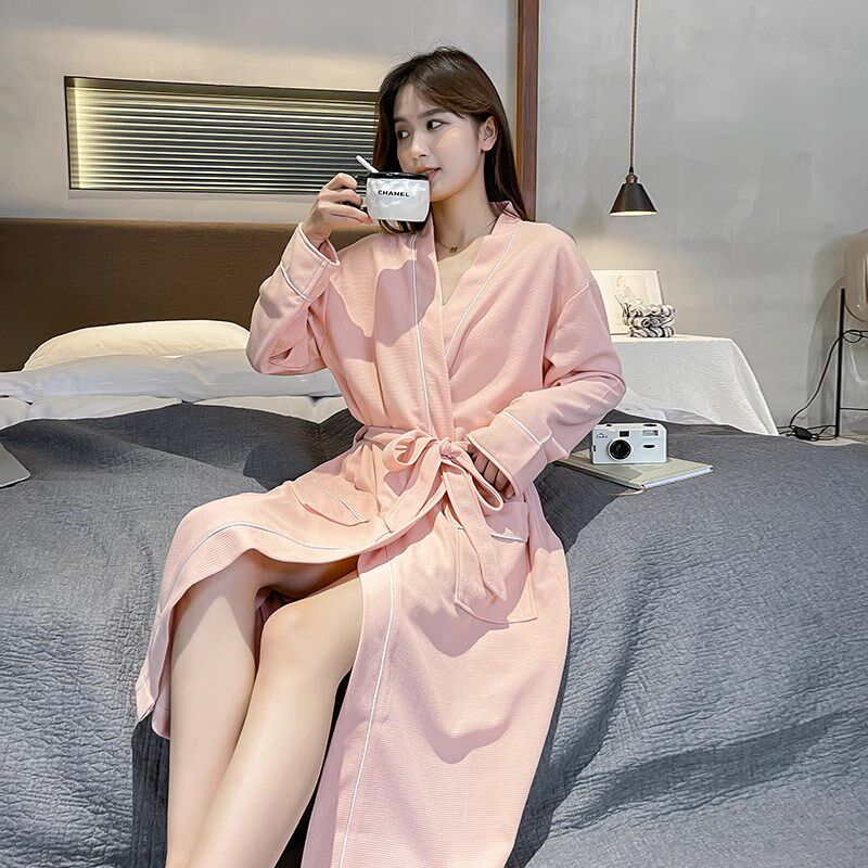 睡袍女士春秋冬季纯棉长袖简约纯色大码浴衣袍夏天薄款家居服睡衣