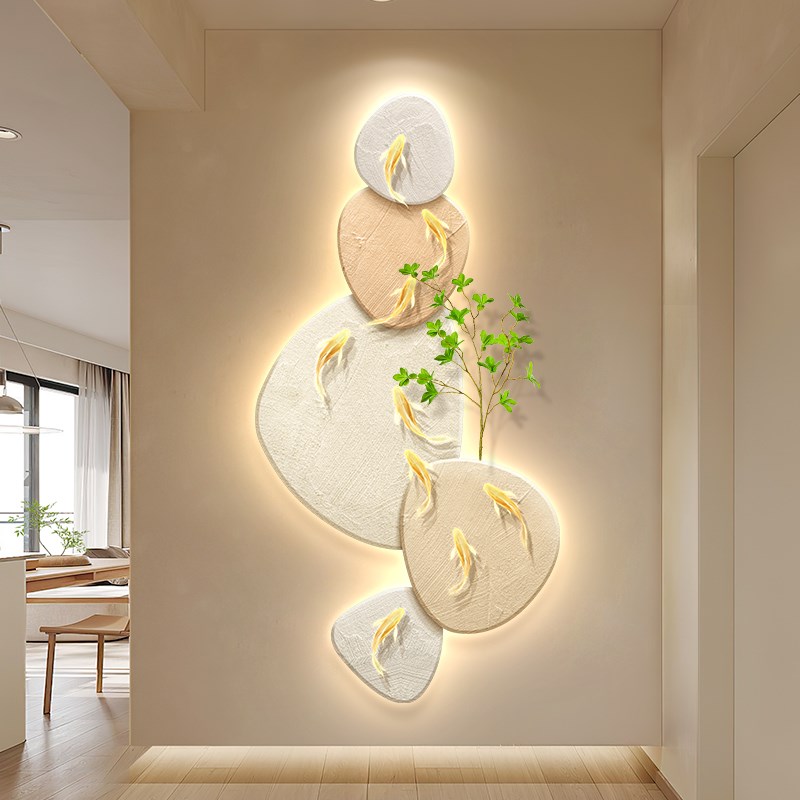 石来运转玄关装饰画奶油风入户走B廊尽头挂画福字九鱼图背景墙壁