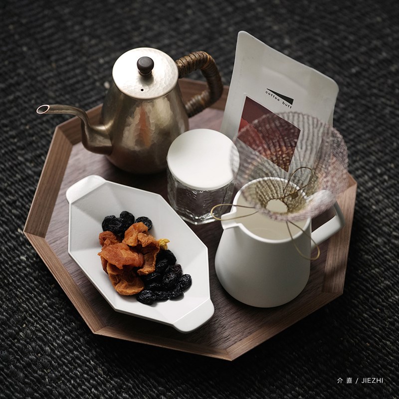 介直八角实木方托盘 黑胡桃木茶器咖啡甜品托盘平U盘手工木器芥埴