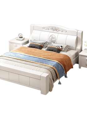 实木床现代简约中式双人床白色主卧经济型1J.8米1.5米储物橡木婚