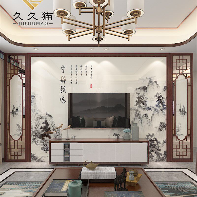 中式电视背景墙瓷砖沙比利实木花格边框背景墙石纹水X墨画宁静致
