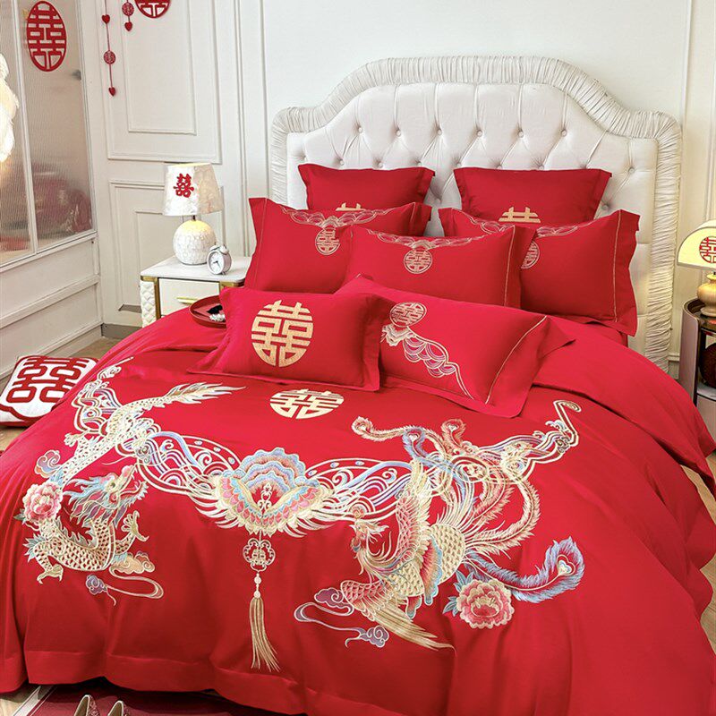 中式龙凤刺绣四结婚四件套大红色新婚房N被套床单婚庆床上用品