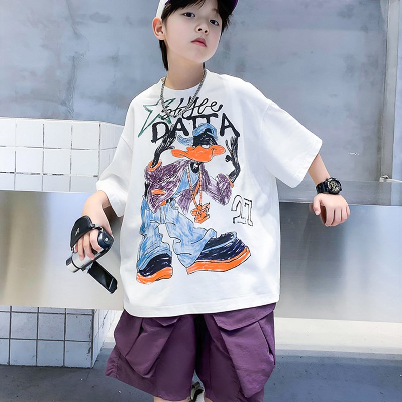儿童套装男童休闲透气宽松夏v装男孩运动半袖套装印花帅气炸街韩