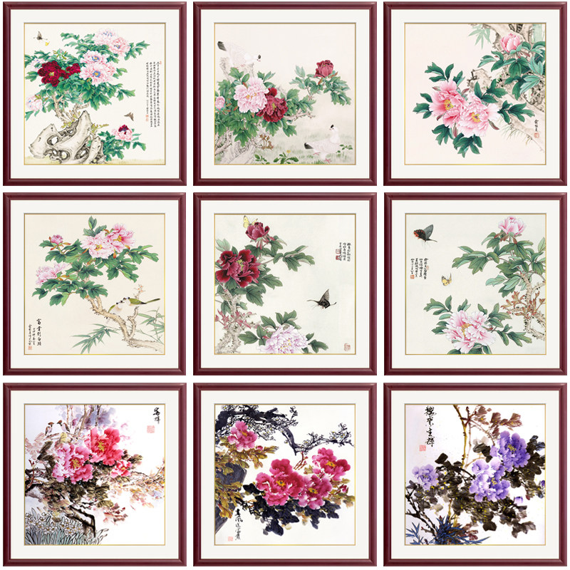 新中式实木有框客厅装饰s画卧室玄关国画茶室餐厅挂画墙壁富贵牡