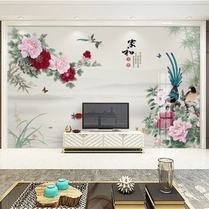 中式客厅岩板大板电视背景墙现代简约微晶石T瓷砖大理石壁画