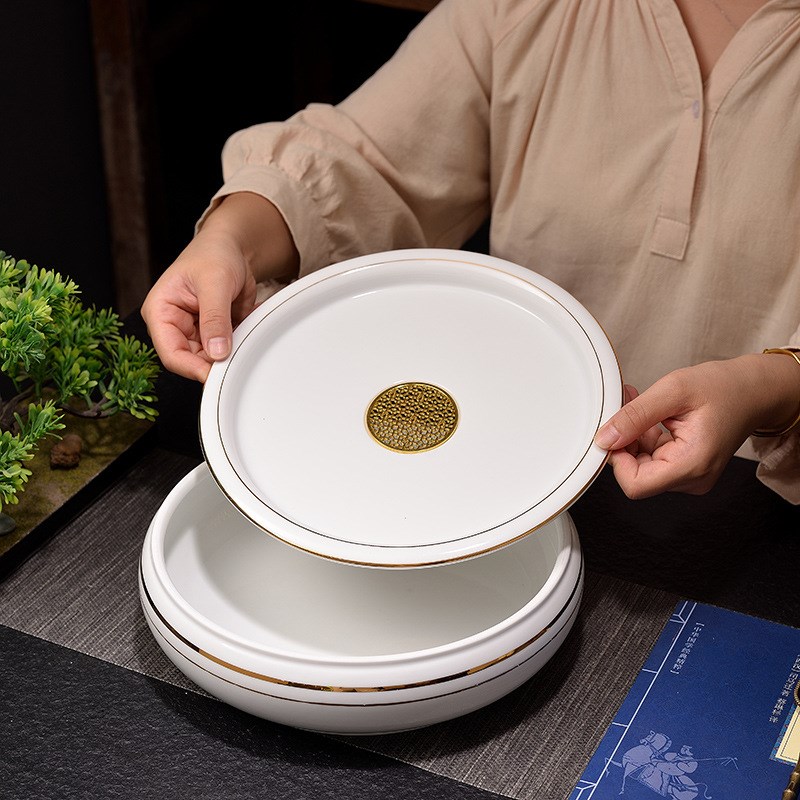 新款羊脂玉10英寸鼓形茶盘家用办公室简约茶台蓄水茶海功夫茶池