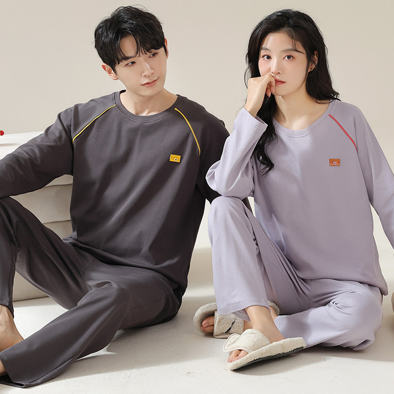 春夏季纯棉长袖情侣睡衣女春款男士男生夏天家居服男款套装可外穿