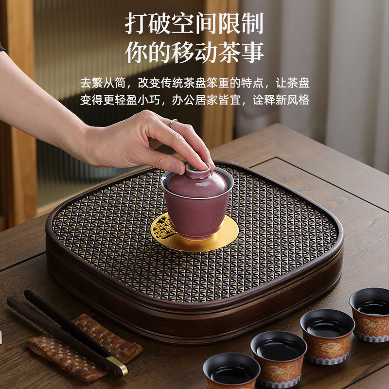 贤丰竹茶盘储水式茶o台圆形干泡台家用简约茶海嵌铜高档功夫茶托