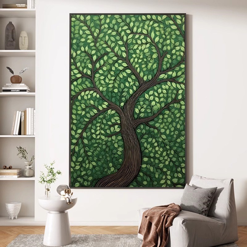 轻奢肌理感绿h色发财树苍天大树玄关客厅装饰画沙发背景墙挂画