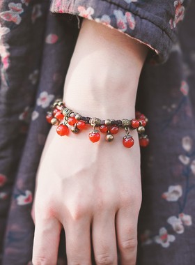 知笔墨复古文艺手n工玉髓红玛瑙手链 无声铜铃首饰品女
