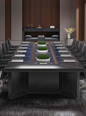黑色系高端大气会议桌长桌轻奢会议室家具接待办公桌椅组合20人