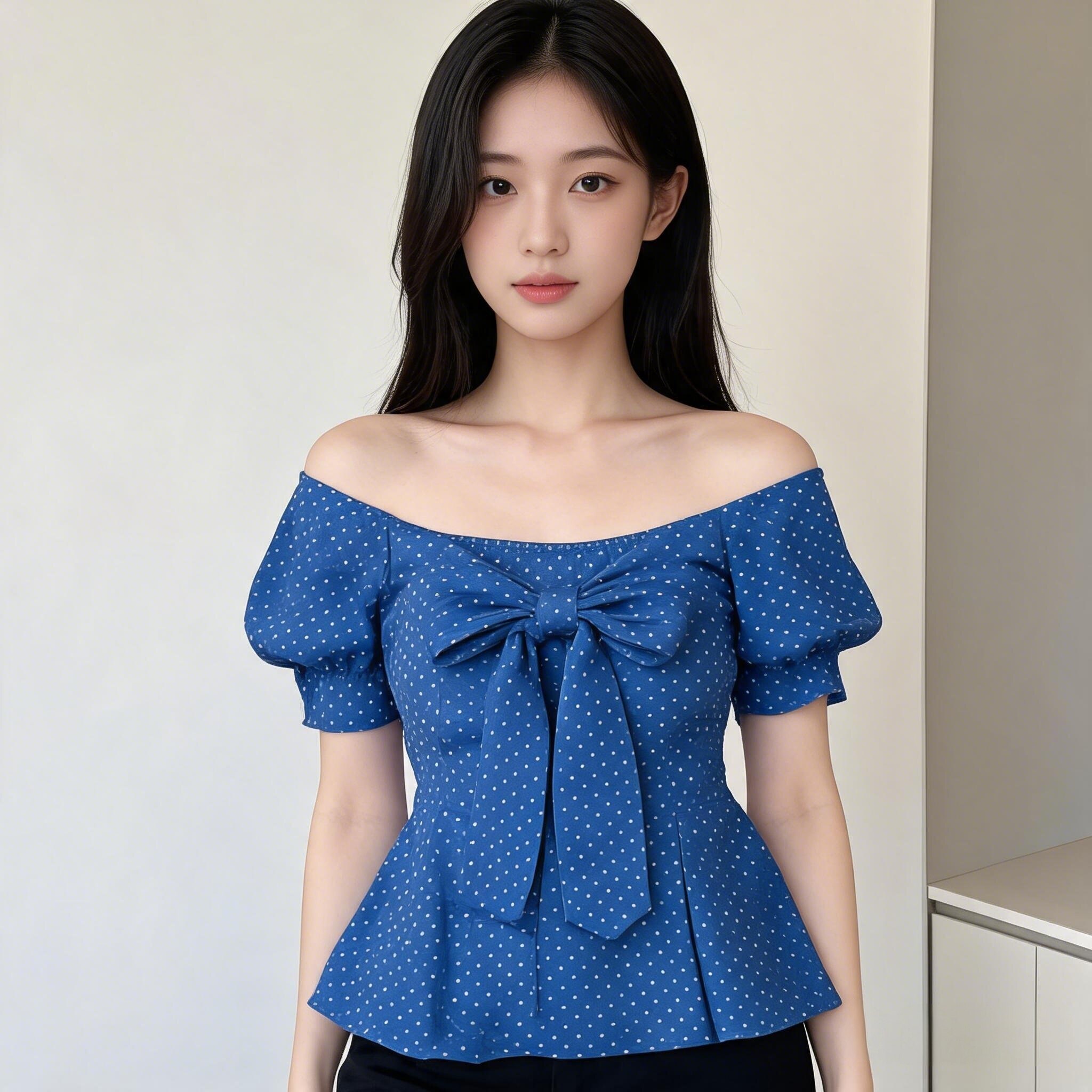 蓝色蝴蝶结一字肩短袖T恤女夏季2026新款设计感小众修身显瘦上衣