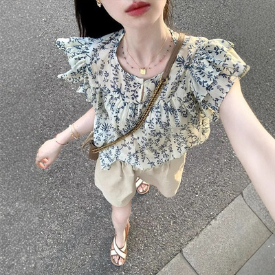 法式碎花短袖衬衫女夏季荷叶边娃娃衫衬衣雪纺小衫短款小飞袖上衣