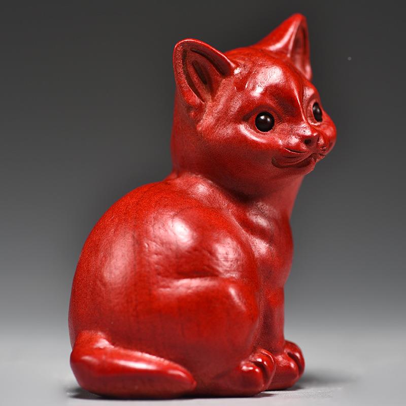 红色实木质猫咪雕摆件动物XCYZ0128木头小猫家装居客厅屋补刻房角