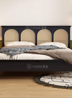 藤编民宿卧m风法主床床侘美式实木床黑中色寂式复古古风双DW-617