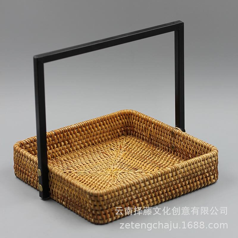 越南秋藤手工茶具收纳篮铁艺提手