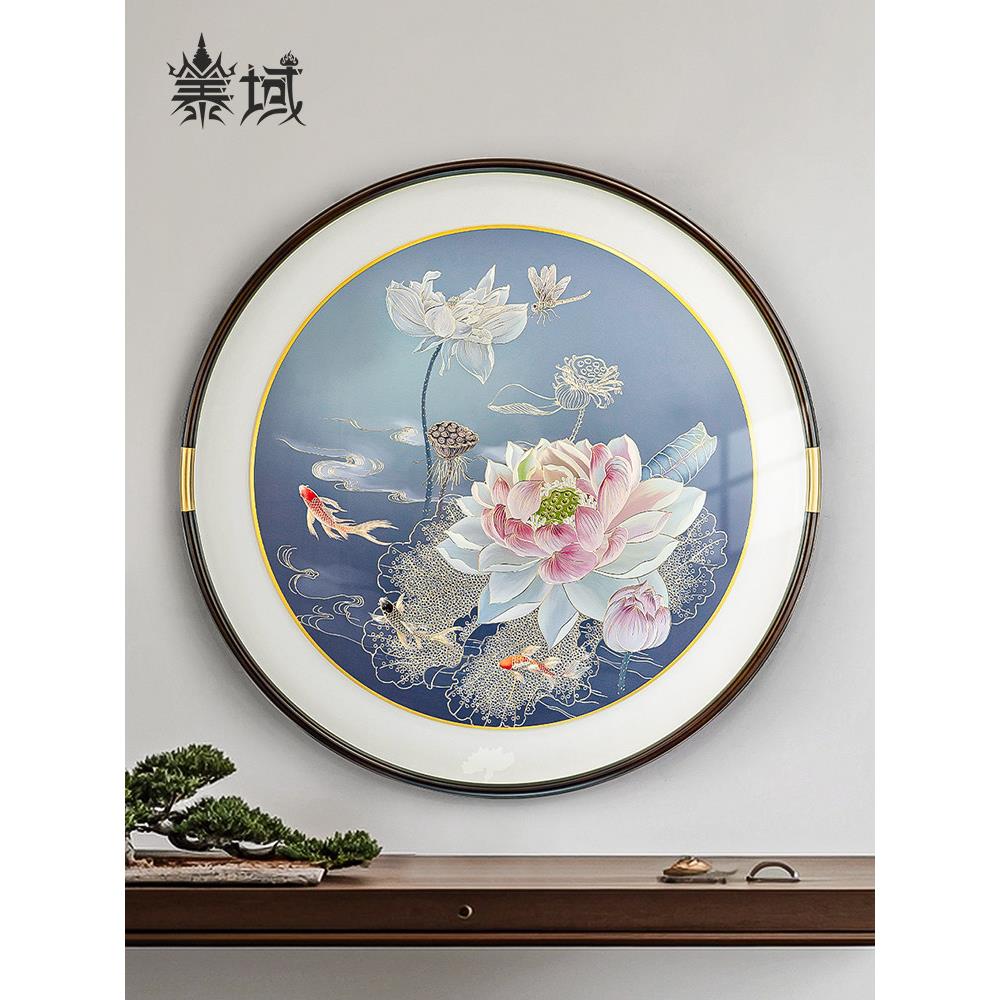 手工錾刻 铜雕画《荷花锦鲤图》玄关圆形挂画 客厅入户门厅装饰画