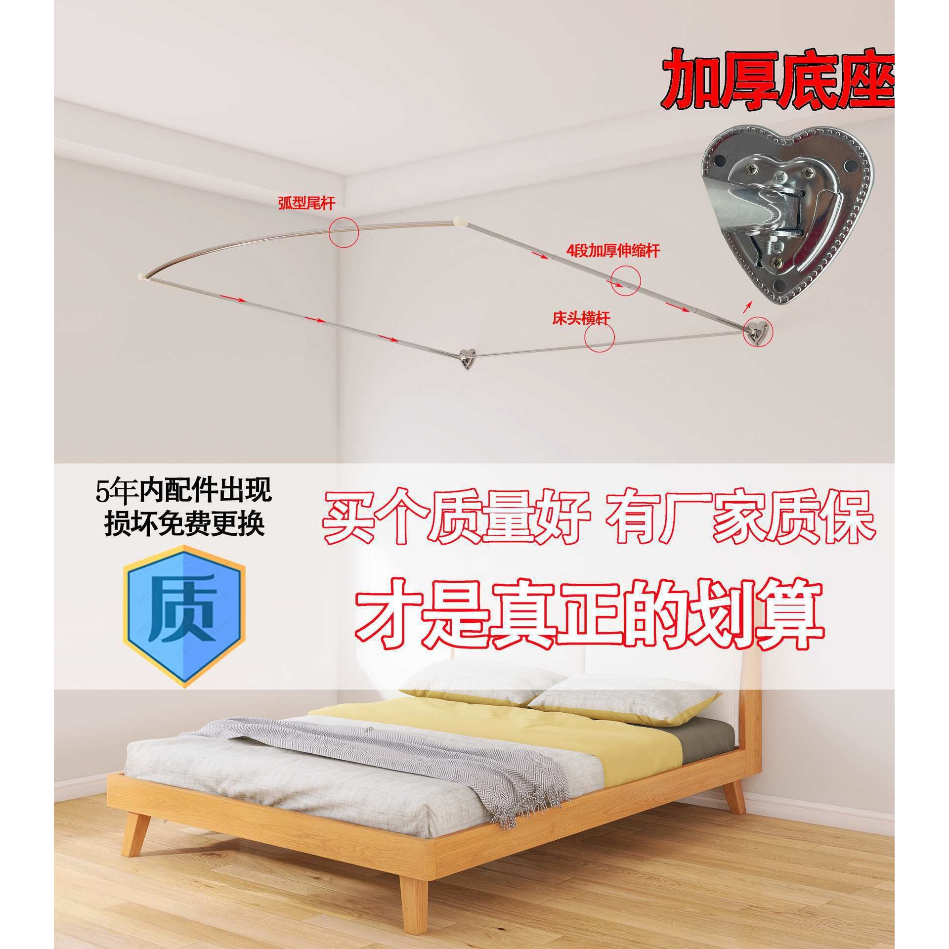 挂墙U型方型伸缩加密三门单门可拆洗蚊帐不锈钢支架加厚高钉墙1.5
