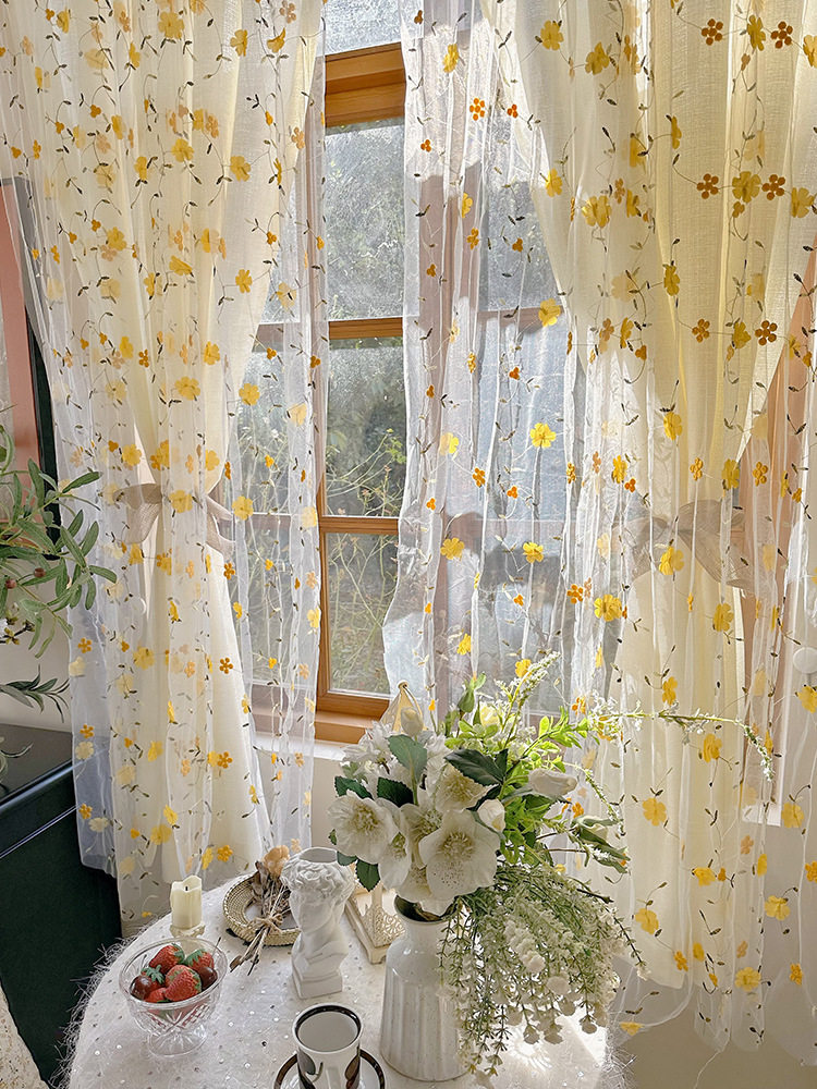 美式田园绣花双层纱帘奶油风