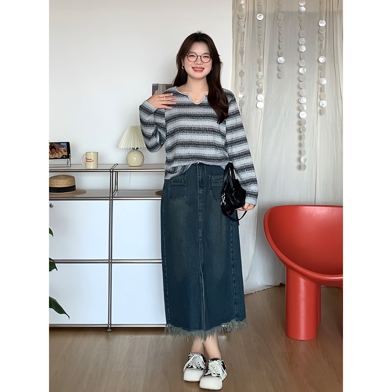 微胖的喵喵 大码女装春夏休闲百搭显瘦高腰a字毛边牛仔半身裙5437