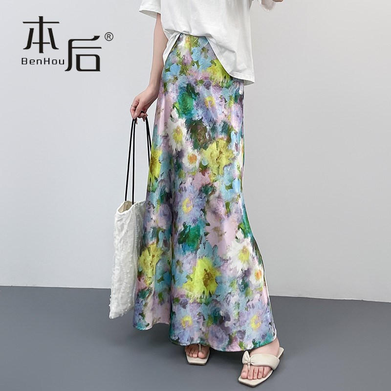 9861-2 油画风晕染仿醋酸鱼尾裙半身裙春夏女长裙新款包臀碎花裙