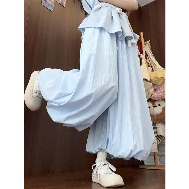 蓝色花苞裙裤女夏季2025新款休闲风小个子高腰显瘦宽松冰丝阔腿裤