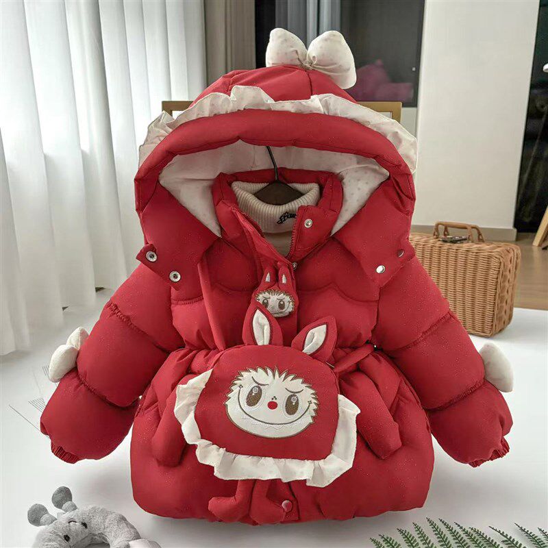 女宝宝秋冬装棉服卡通洋气加绒加厚连帽儿童棉衣棉袄红色年服外套