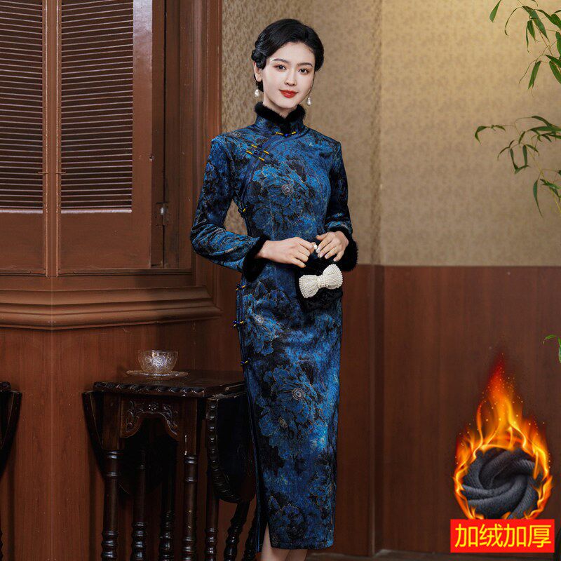 新中式加绒旗袍女长款优雅年轻款覆古国风日常加厚改良礼服连衣裙