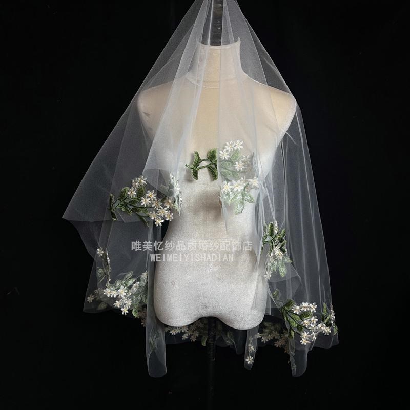 新款白色树叶绣花小花头纱新娘结婚拍I照头纱结婚造型纱摄影客片