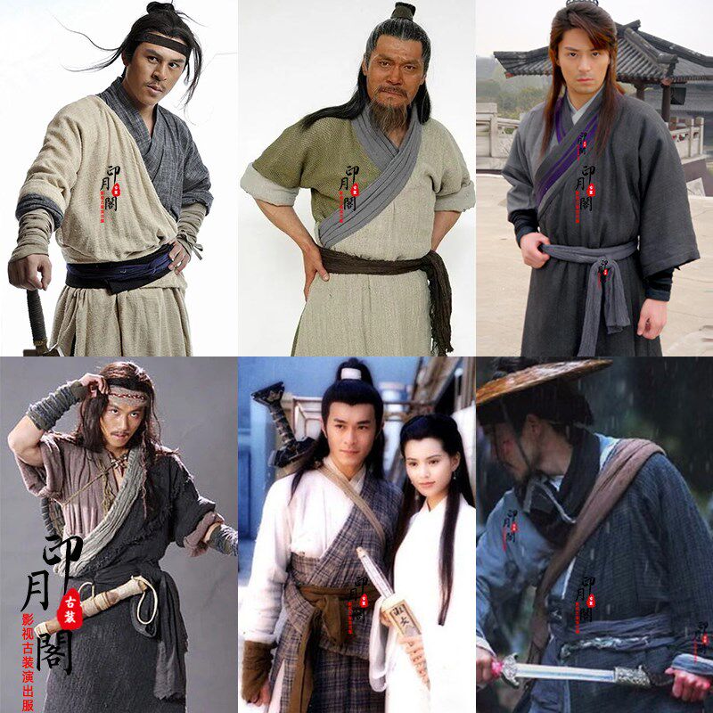 影视装男士汉服棉麻武侠剑客服江湖浪子灰色黑色破旧侠客刀客古装