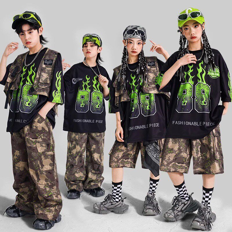 少儿hiphop街舞服装男孩迷彩马甲套装架子鼓演出服女孩舞蹈炸街潮