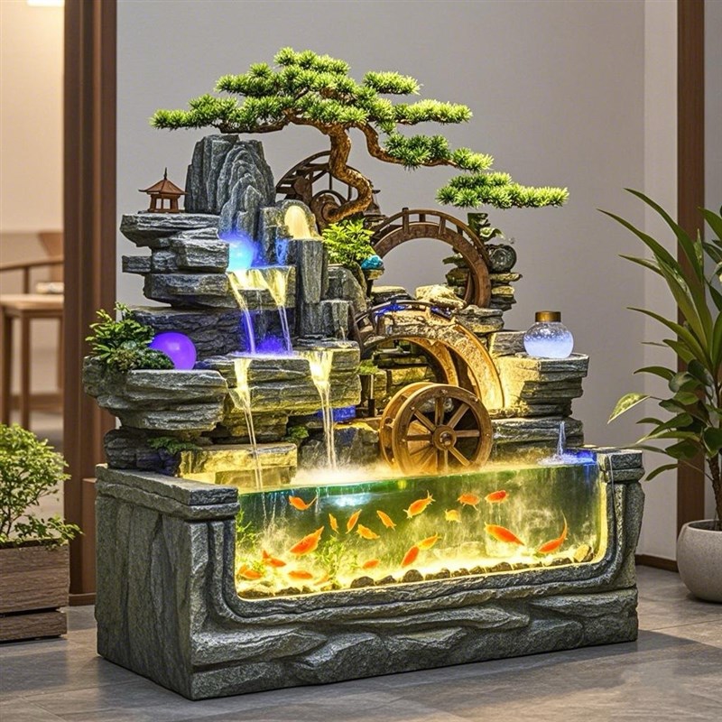 假山喷泉养鱼池水景瀑布别墅花园C装饰办公室大型招财流水景观摆