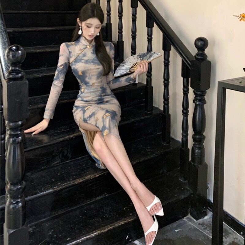复古中式国风优雅气质绝美显白旗袍长裙女修身包臀开叉长袖连衣裙