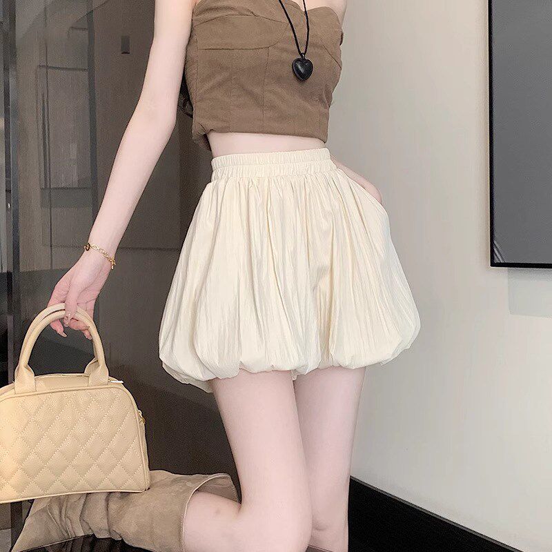 杏色蓬蓬花苞短裤女夏季薄款宽松休闲裤裙a字高腰显瘦灯笼裤裙裤