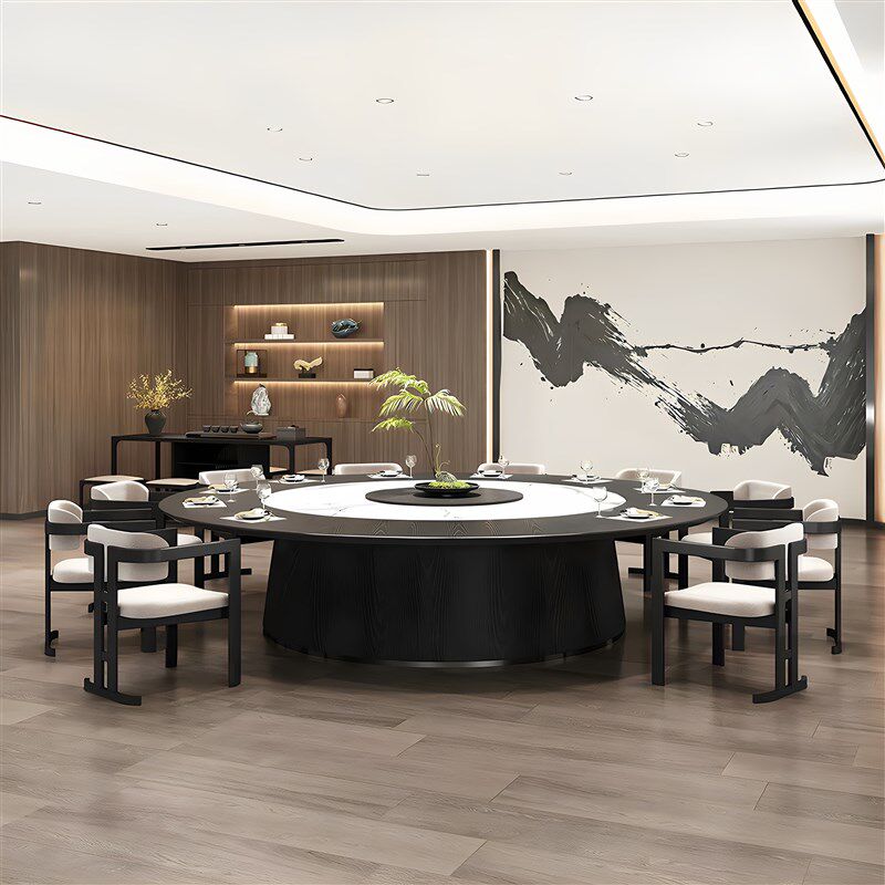 新款酒店极简电动餐桌大圆桌新中式平转启K停按钮电动餐桌岩板转