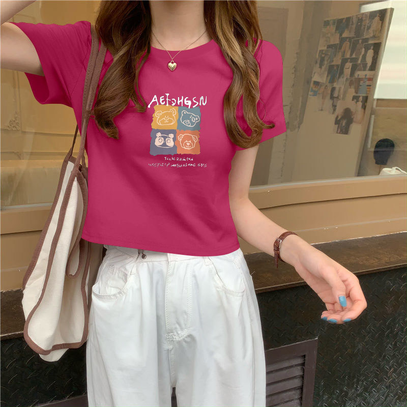 纯棉正肩玫红色短袖t恤女2025新款夏季减龄修身显瘦短款体恤上衣