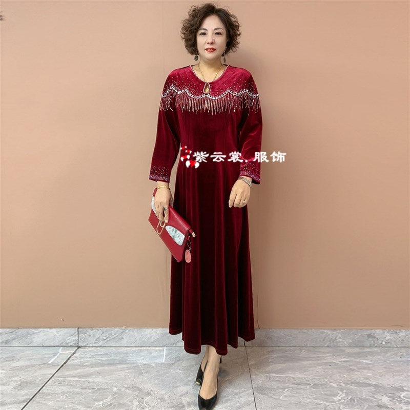 喜婆婆婚宴中年妈妈婚礼旗袍结婚喜服平时可穿长款大码流苏连衣裙