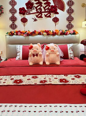 乐优公主100支长绒棉结婚w四件套大红色喜被婚嫁婚床婚庆床上用品