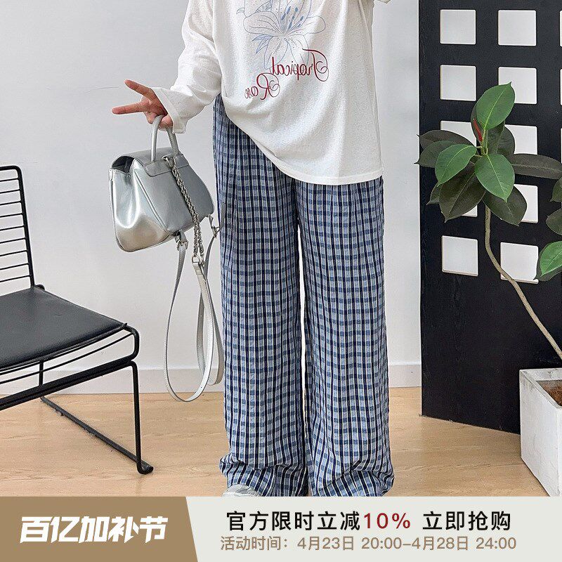 大码女胖mm格子阔腿裤2025夏季宽松显瘦休闲裤松紧高腰直筒裤长裤