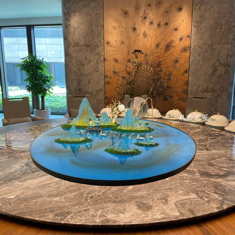 酒店大圆桌中间摆花新中式古典桌花微缩景T观转盘装饰摆饰