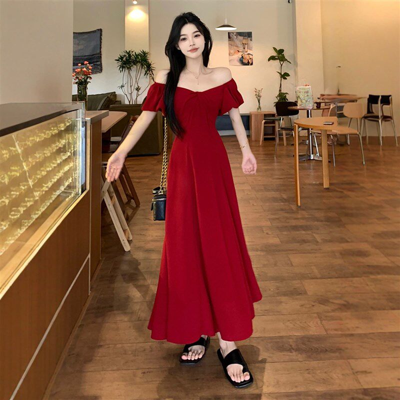 红色一字领露肩洋装女夏装新款大尺码胖mm显瘦掐腰高级感气质长裙