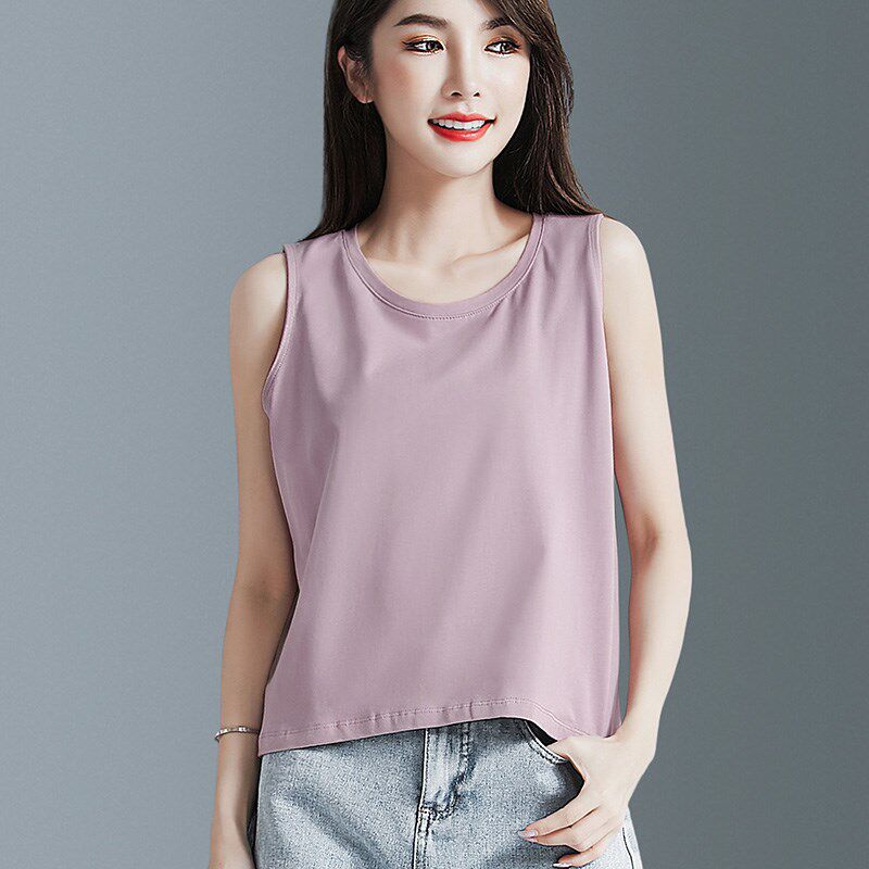 紫色纯棉宽松圆领吊带背心女内搭短款夏季新款纯色百搭无袖打底衫