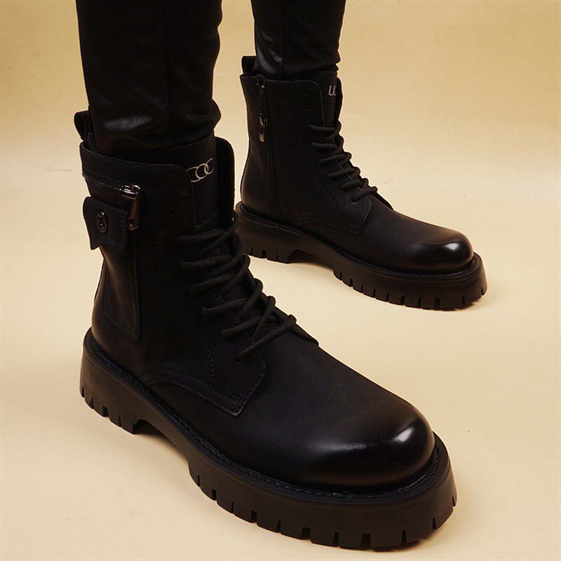 秋冬季新款中帮帅k气潮流休闲马丁英伦短靴男士皮靴子厚底增高8cm