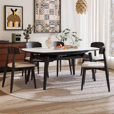 my欧鹿黑色奶油风餐桌可伸缩变圆桌户ZKT折叠原木风小岩型椅板餐