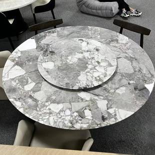 9C威尼奢斯棕天然大奢石形餐桌带APU转盘墅轻奢风别华大理圆石餐